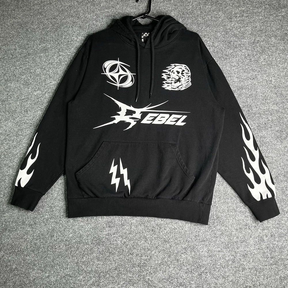 Rebel Vengeance Hoodie‎ XL Black Skull Flames Lightning Y2K Grunge Skate Hiphop